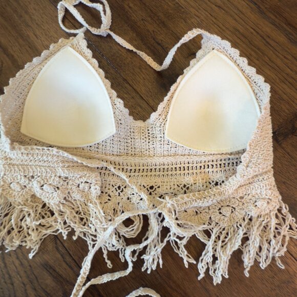 Shein Fringe Hem Crocheted Halter Top Size Medium Bohemian Romantic Festival - Picture 7 of 9